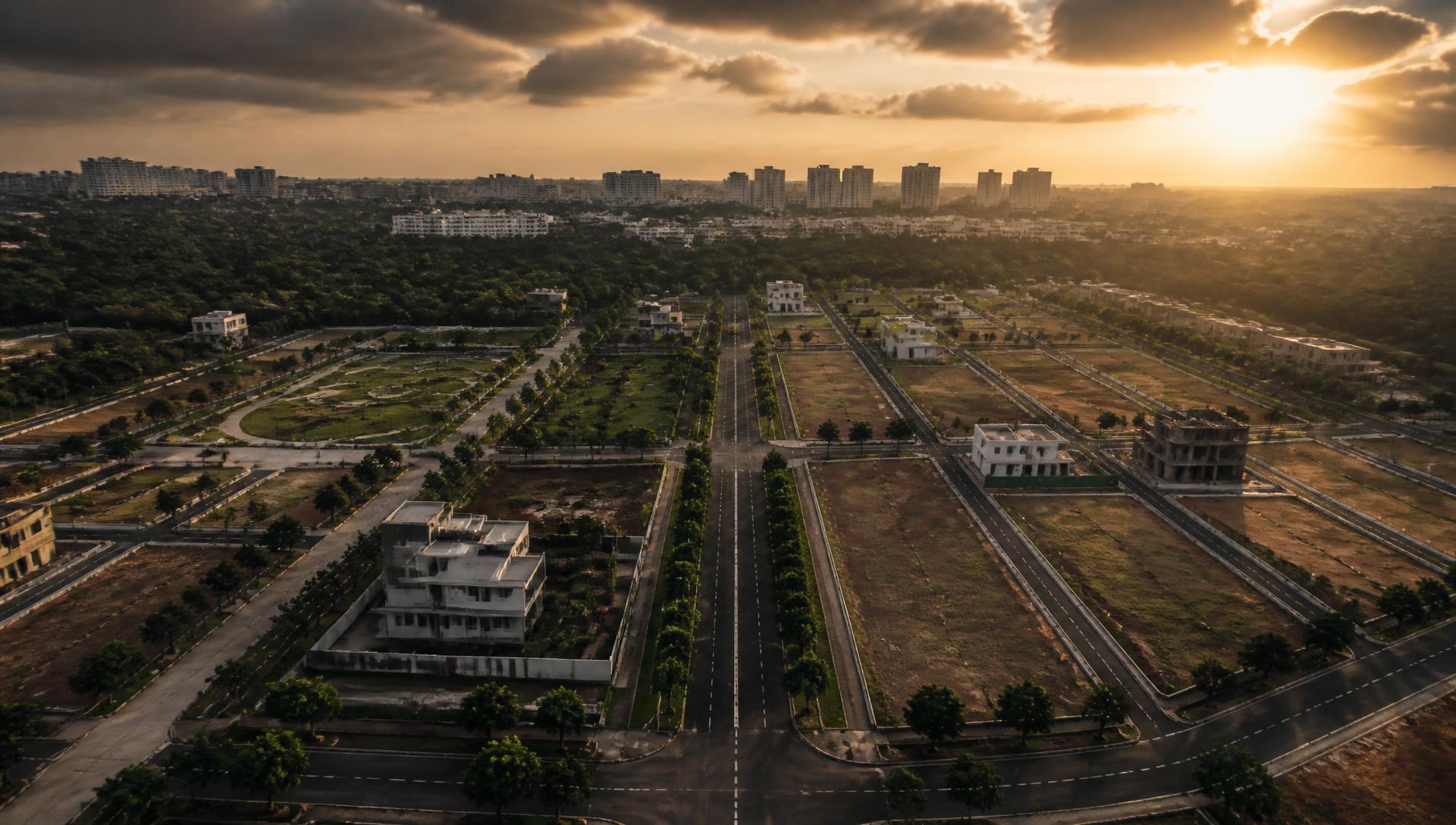 Aerial view of a planned residential layout with tree-lined roads on the outskirts of Bengaluru at golden hour
